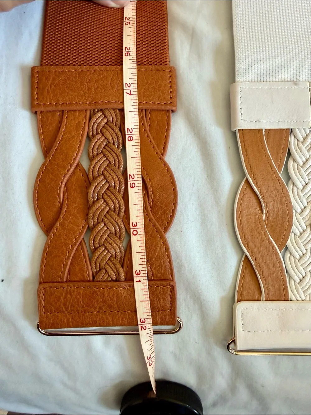 2 Elastic Braided Waist Belts - Tan and White